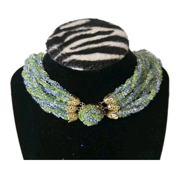 Vintage Japanese 70's Glass Seed Bead & Faceted Crystal Multi-Strand Necklace - Picture 4 of 10